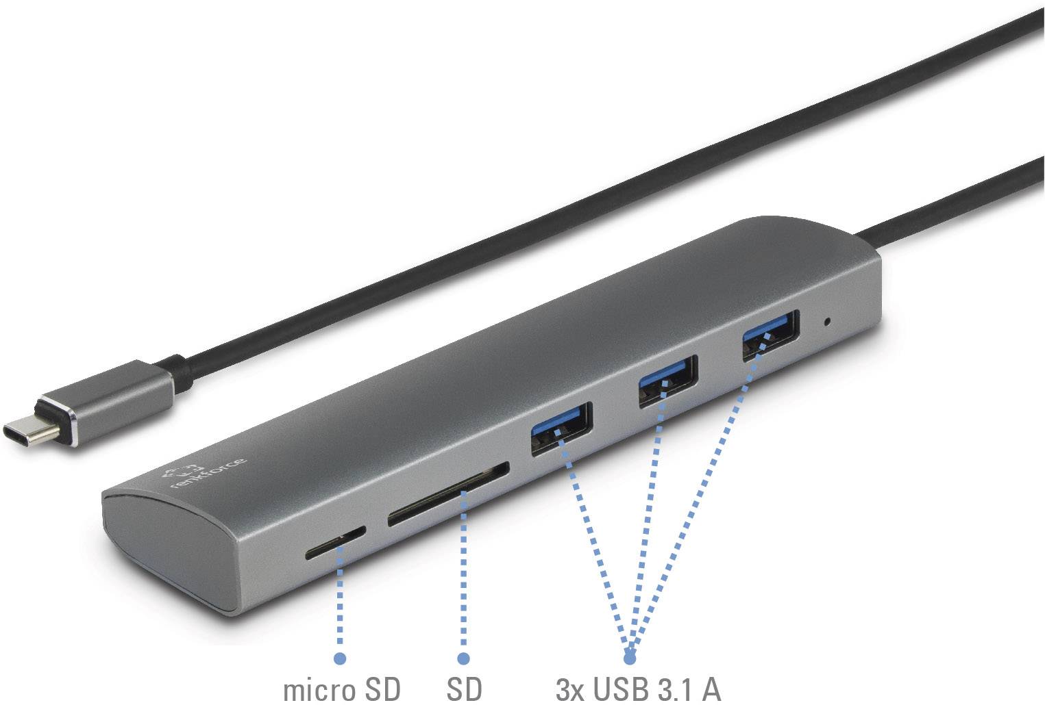 USB-C-hub met aansluitingen: micro SD, SD en 3x USB 3.1. Een zwart kabel is aan de linkerzijde aangesloten.