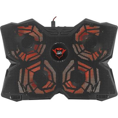 Een zwarte laptopkoeler met rode LED-verlichting, vier ventilatoren en het Trust GXT-logo in het midden. Ideaal voor gaming-laptops.