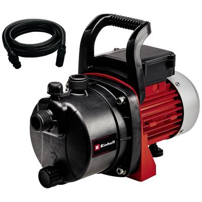 Tuinpomp met rode motor en zwarte behuizing, handgreep bovenaan; links bovenaan een flexibele slang.