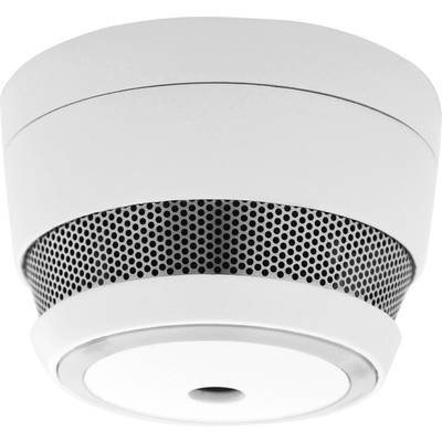 Een witte rookmelder met een rond ontwerp en ventilatiesleuven aan de zijkant, gemonteerd aan een plafond.