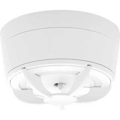 Een witte rookmelder aan een plafond. De rookmelder heeft een eenvoudig, afgerond ontwerp en is zichtbaar in gemonteerde positie.