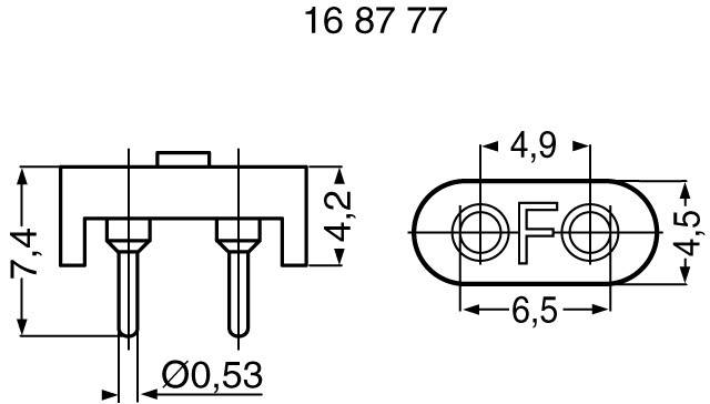 Technische tekening van een elektrisch onderdeel met afmetingen: Hoogte 7,4 mm, breedte 4,2 mm, gataanslag 0,53 mm. Bovenaanzicht: breedte 6,5 mm, lengte 4,9 mm, hoogte 4,5 mm.