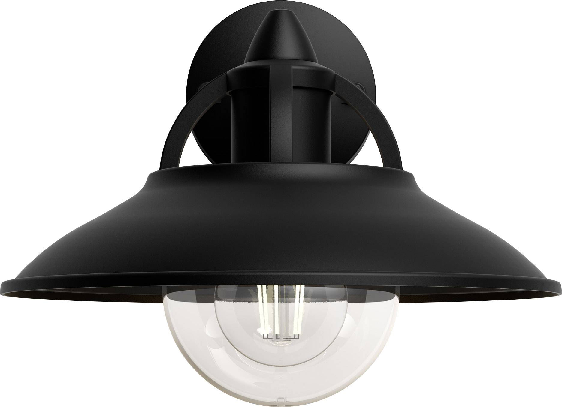 Zwarte wandlamp met een vintage-geïnspireerd ontwerp. De lamp heeft een brede kap en een gloeilamp die zichtbaar is door helder glas.