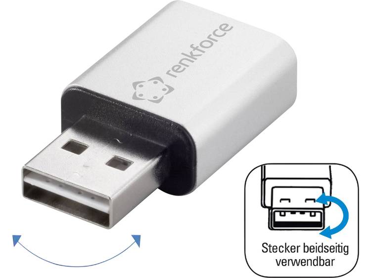 Renkforce USB Adapter [1x USB-A 2.0 stekker 1x USB 2.0 bus A] Stekker past op beide manieren, Alumin