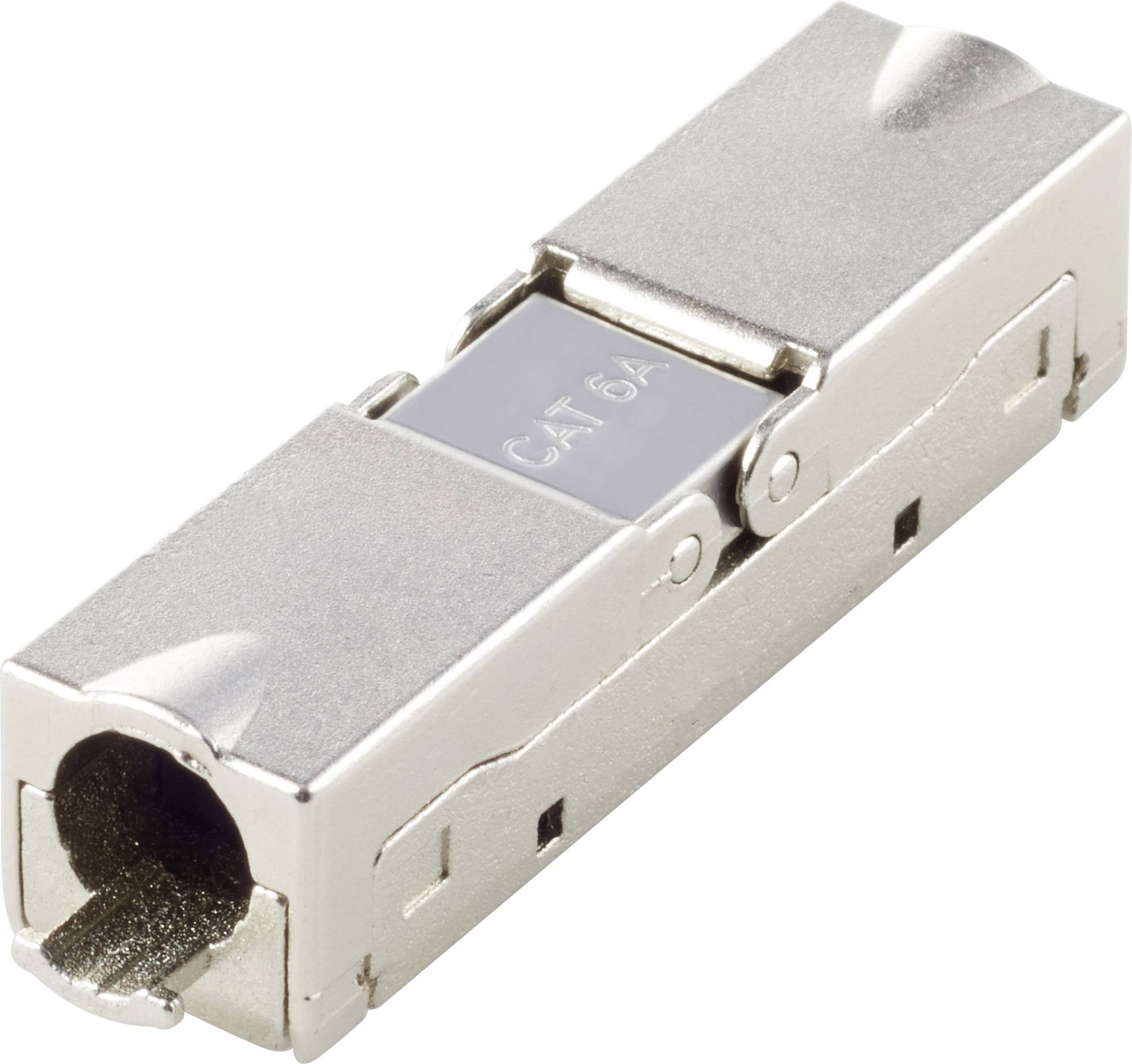 Een zilveren RJ45-stekker, gemarkeerd met 'CAT 6A', toont het aansluitgebied en de metalen mantel.