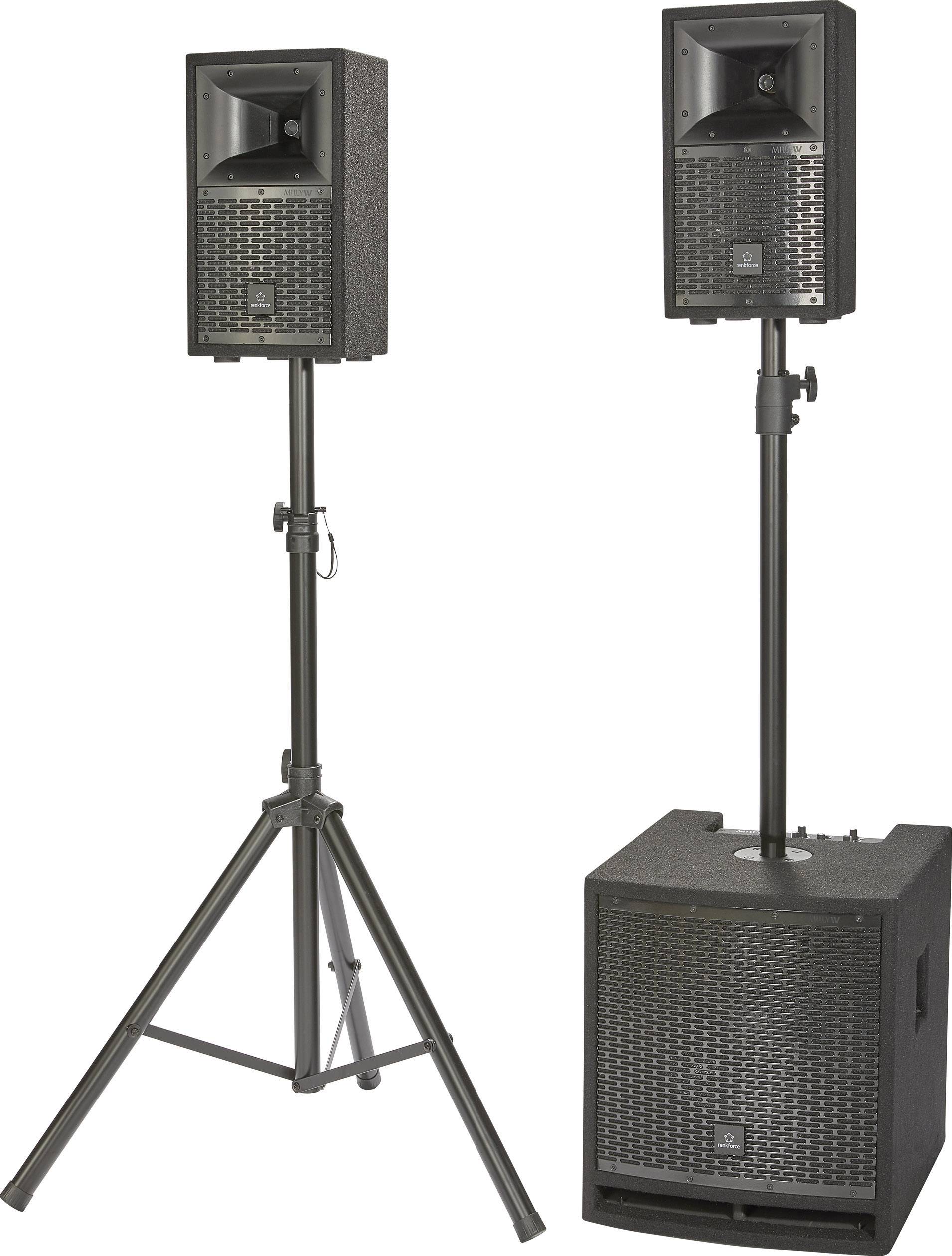 Twee zwarte luidsprekers op standaards, één met een basisunit. Ze zijn geschikt voor audio-evenementen of presentaties.
