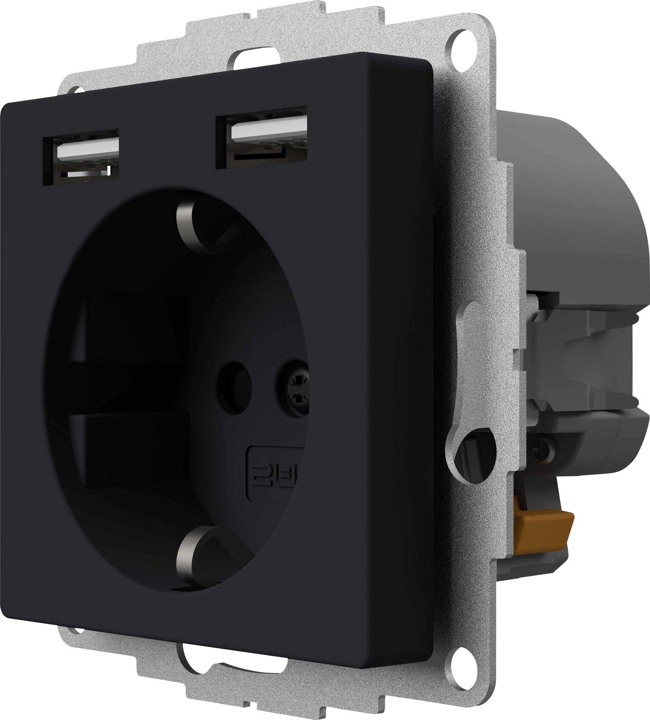 Zwarte stopcontact met twee USB-poorten aan de bovenkant. Rechthoekige vorm met metalen frame. Geschikt voor multifunctionele toepassingen.