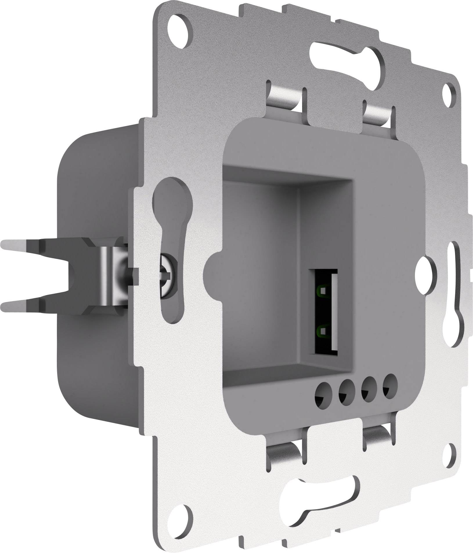 Metalen frame met aansluitbus voor elektronische apparaten, behuizing in zilverkleur, geschikt voor elektrische installaties.