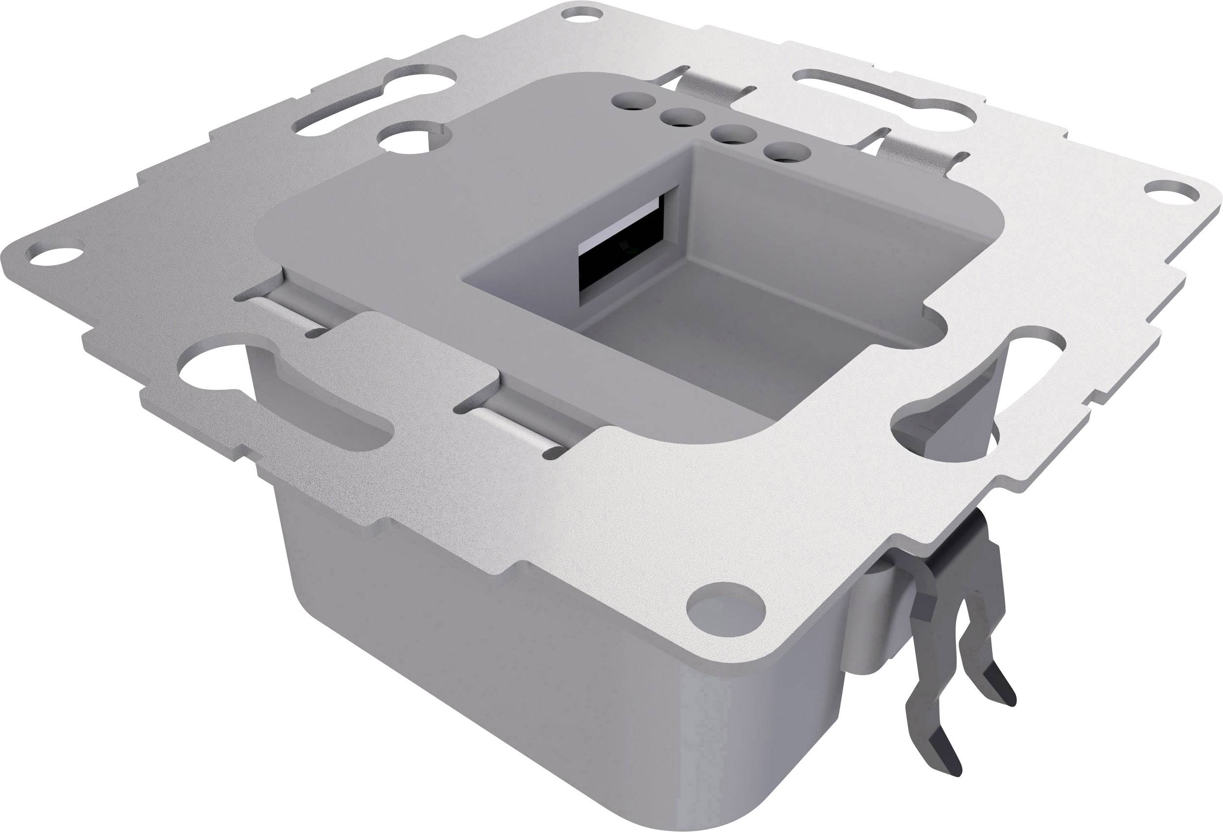 Een zilveren metalen onderdeel met een rechthoekige uitsparing en meerdere montagesgaten. Geschikt voor installaties in wandbekledingen.