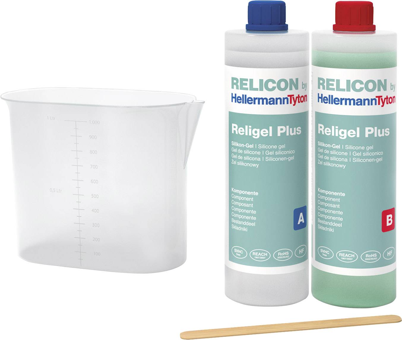 Twee flessen siliconengel 'Relicon Religel Plus' (component A en B) met maatbeker en roerstaaf, voor kabeldichting.