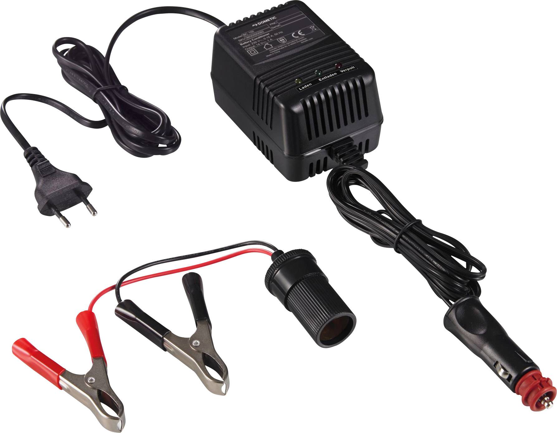 Autobatterij-oplader met netkabel en twee klemmen, rood en zwart, voor aansluiting op de autobatterij.