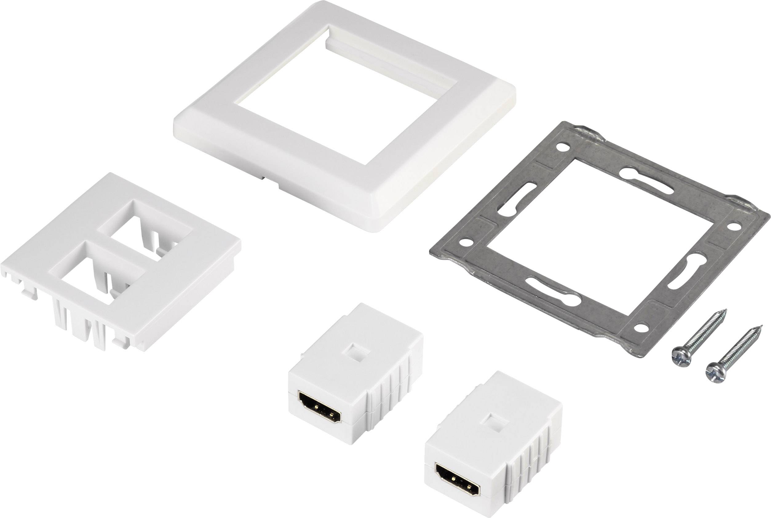 Compleet set voor HDMI-wandmontage: afdekplaat, montageplaat, HDMI-keystone-modules en schroeven, voor een nette installatie.