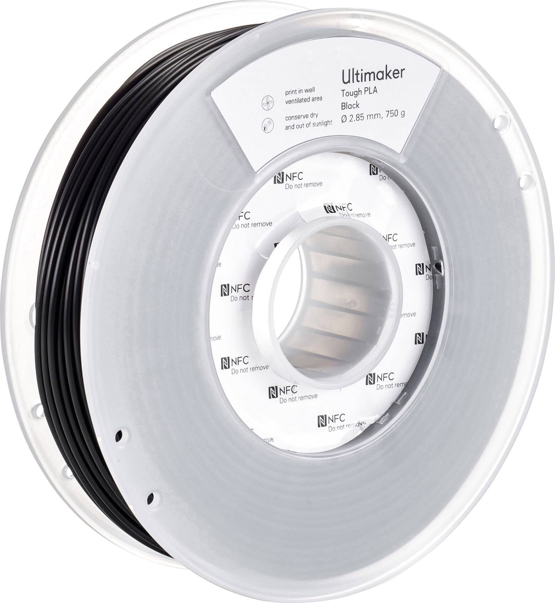 Een rol zwart 3D-printfilament van het merk "Ultimaker Tough PLA", 750 g, 2,85 mm dikte, in een transparante kunststof verpakking.