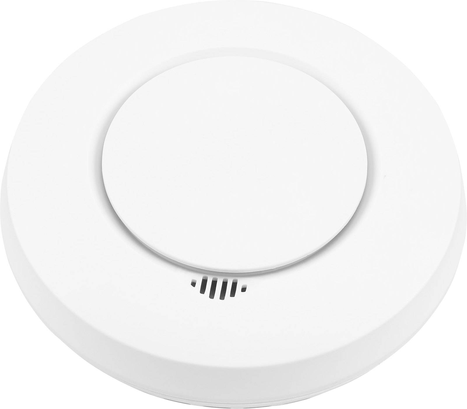 Ronde witte rookmelder met een centraal cirkel en kleine ventilatiesleuven eronder, gemonteerd aan het plafond.