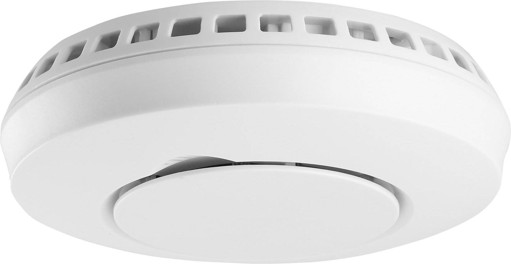 Rookmelder van wit kunststof met ventilatiesleuven, aan het plafond gemonteerd, dient ter detectie en waarschuwing bij rookontwikkeling.