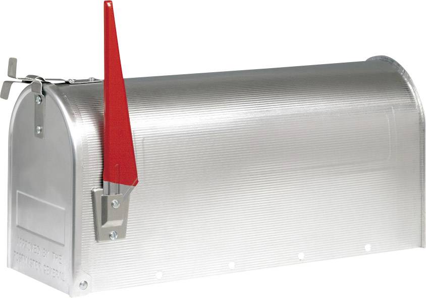 Een zilveren metalen brievenbus met een rode, rechtopstaande hendel aan de zijkant.