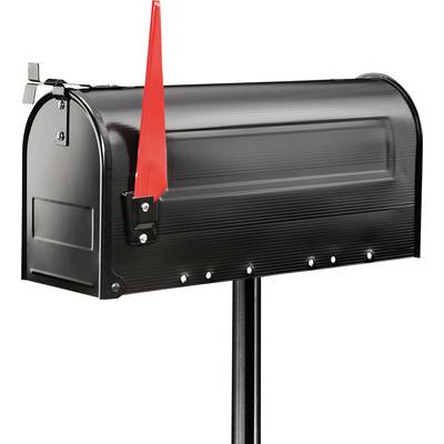 Zwarte brievenbus op een standaard, met een rode beweegbare vlag aan de zijkant, klaar voor binnenkomende of uitgaande post.