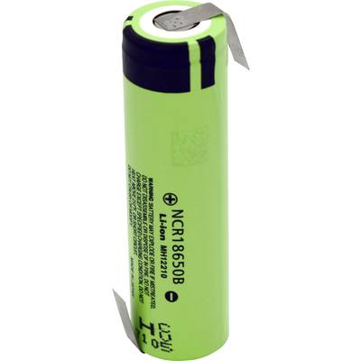 Groene lithium-ion accu met modelnummer NCR18650B. Tekst en waarschuwingen zijn leesbaar op het oppervlak.