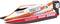 Speelgoed-raceboot met de opschriften 'Katercol', 'International' en 'High Speed'. Oranje-wit ontwerp met twee rode sleden.