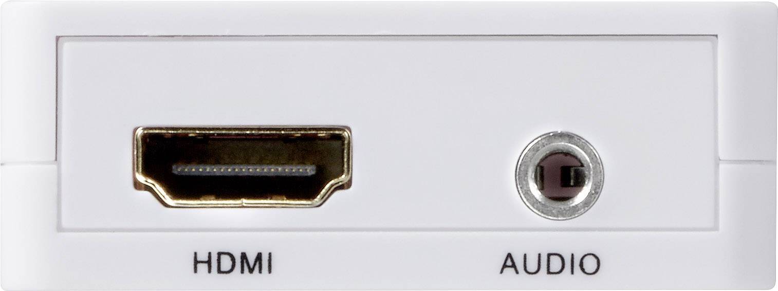 Witte console met twee aansluitingen: links HDMI-aansluiting, rechts audio-aansluiting.