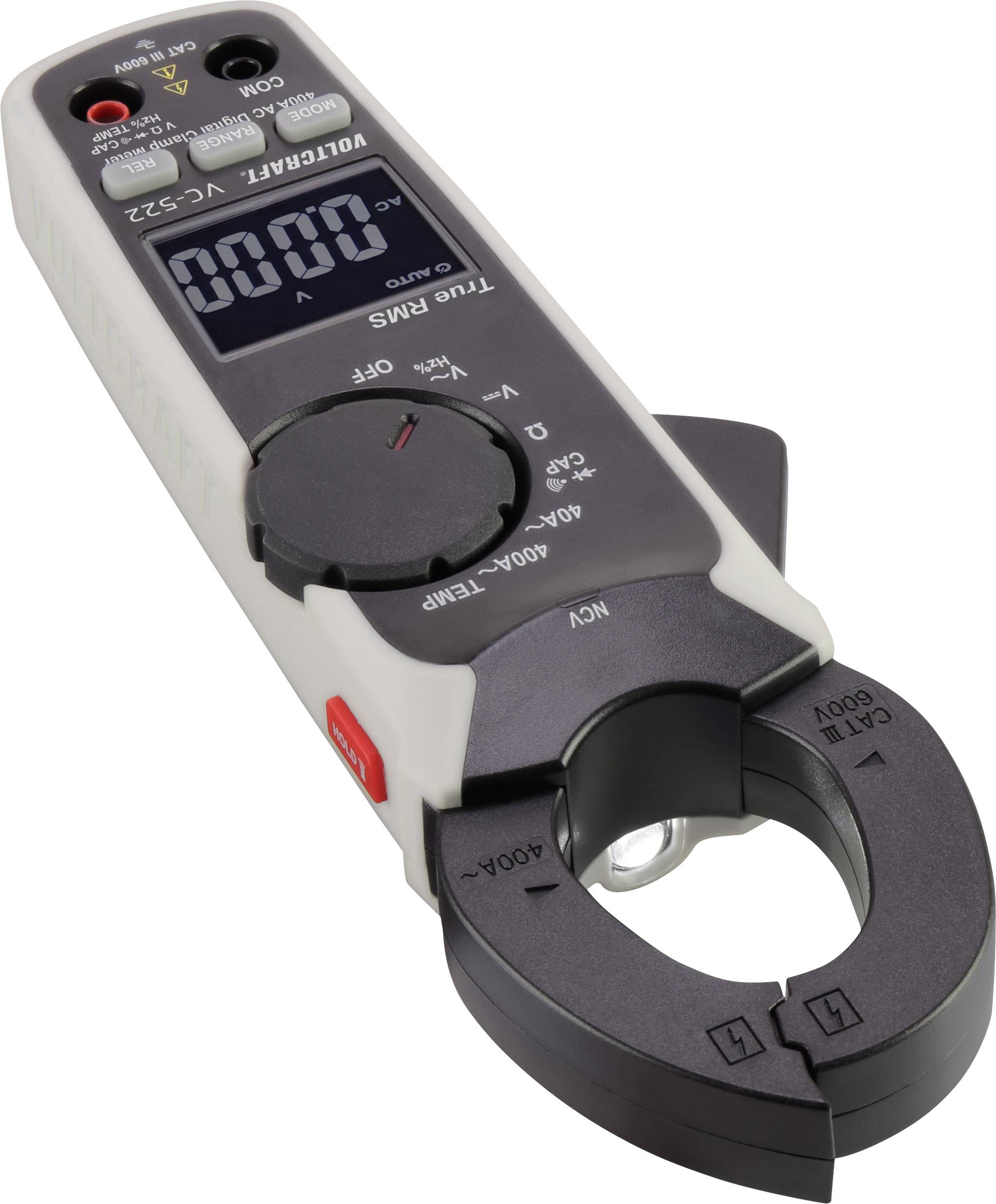 Een digitaal multimeter met tangmeting en display toont '0000'. Het meet wisselspanning en beschikt over meerdere schakelaars en ingangen.