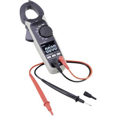 Een digitaal stroomtangmeter met meerdere meetfuncties, zoals spanning-, stroom- en weerstandsmeting, wordt weergegeven.