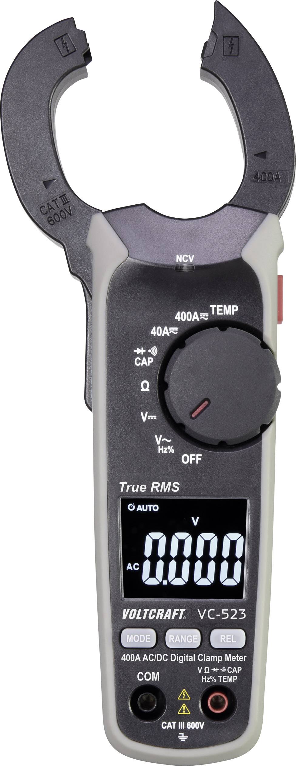 Digitale stroomtang-multimeter met open tang, draaiknop en LCD-display voor spanning- en stroommetingen. Model: Voltcraft VC-523.
