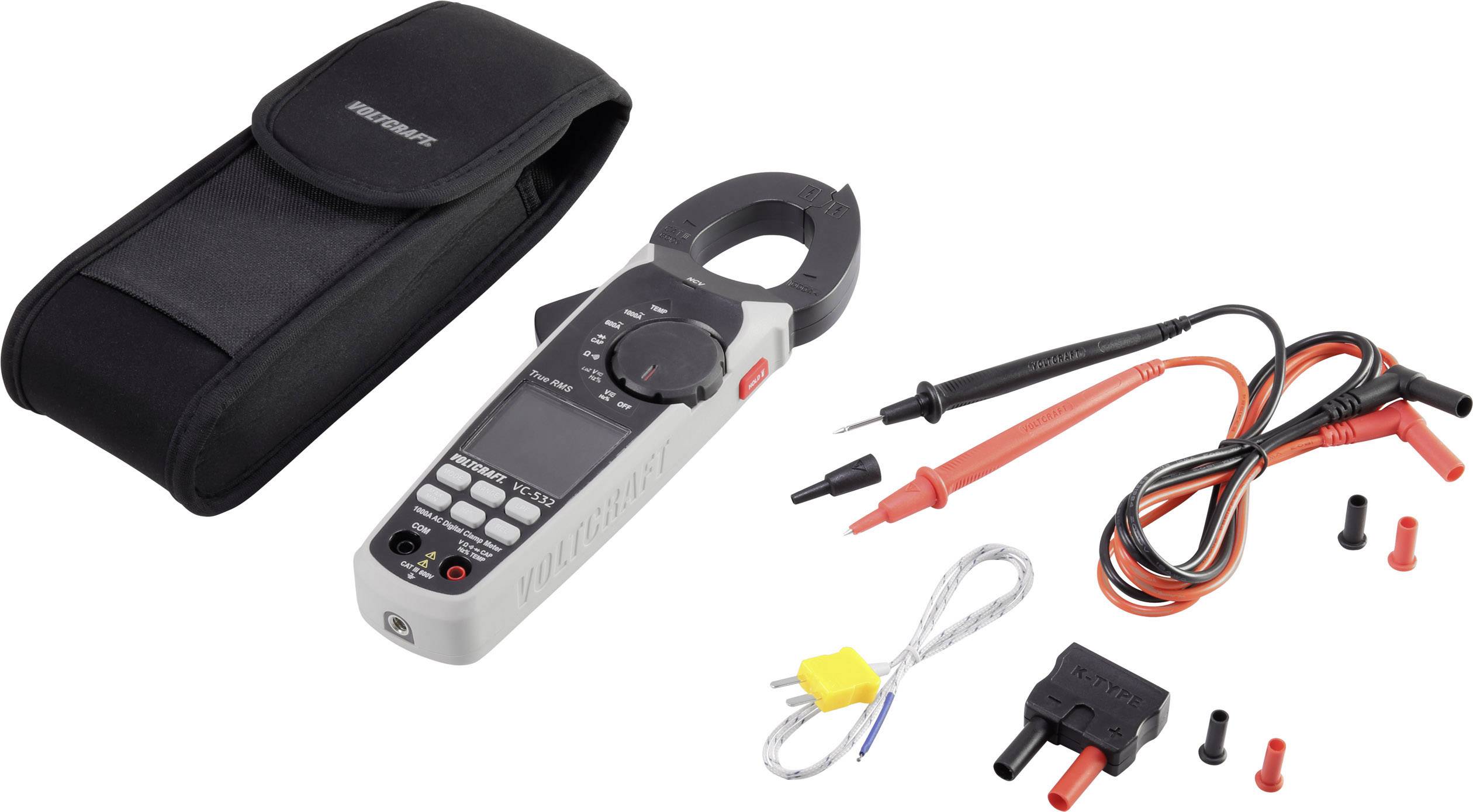 Een digitaal klemmetenmultimeter-set met toebehoren, inclusief meetleidingen, temperatuursensor en etui, voor elektrische metingen.