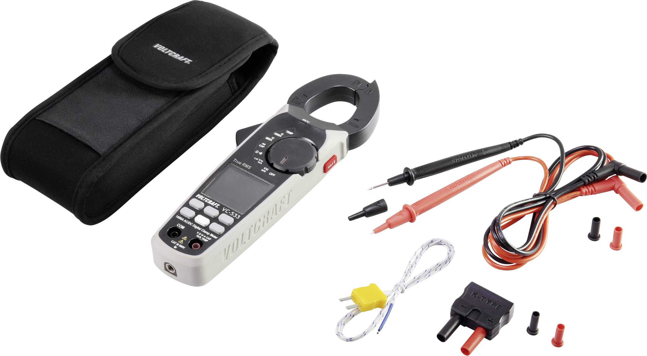 Digitaal multimeter-set met tang, kabels, meetpennen en draagtas, ideaal voor elektrische metingen en diagnoses.