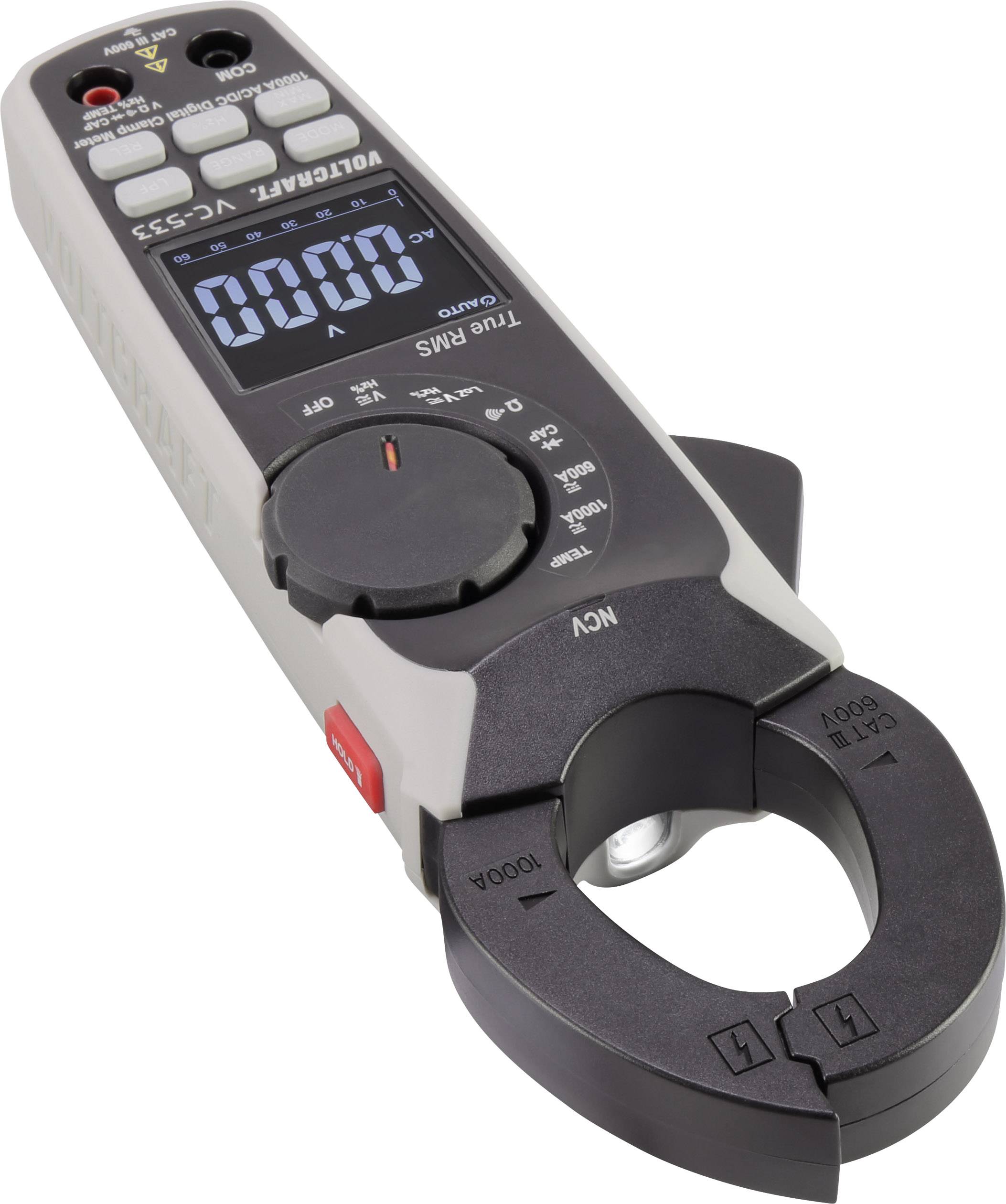 Digitale multimeter met stroomtang geeft '000.0 V' weer op het display, geschikt voor spanning- en stroommetingen in AC/DC.