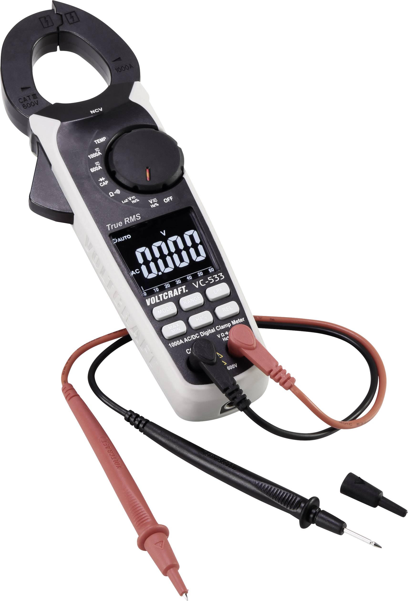 Digitale multimeter met tang-functie, toont '0000' op het display. Twee meetleidingen zijn aangesloten, rood en zwart.