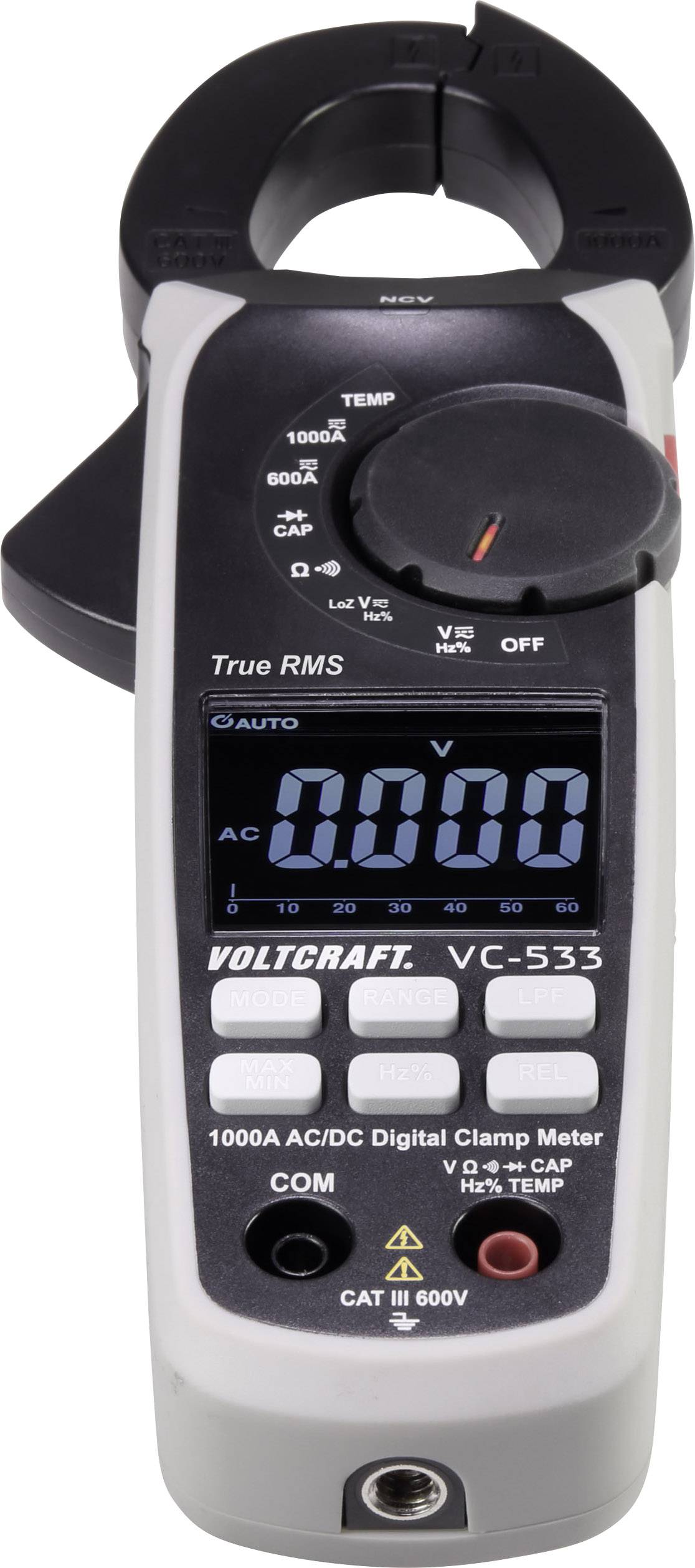 Digitale tangamperemeter 'Voltcraft VC-533' voor het meten van spanning en stroomsterkte tot 1000A AC/DC met display en draaiknop.