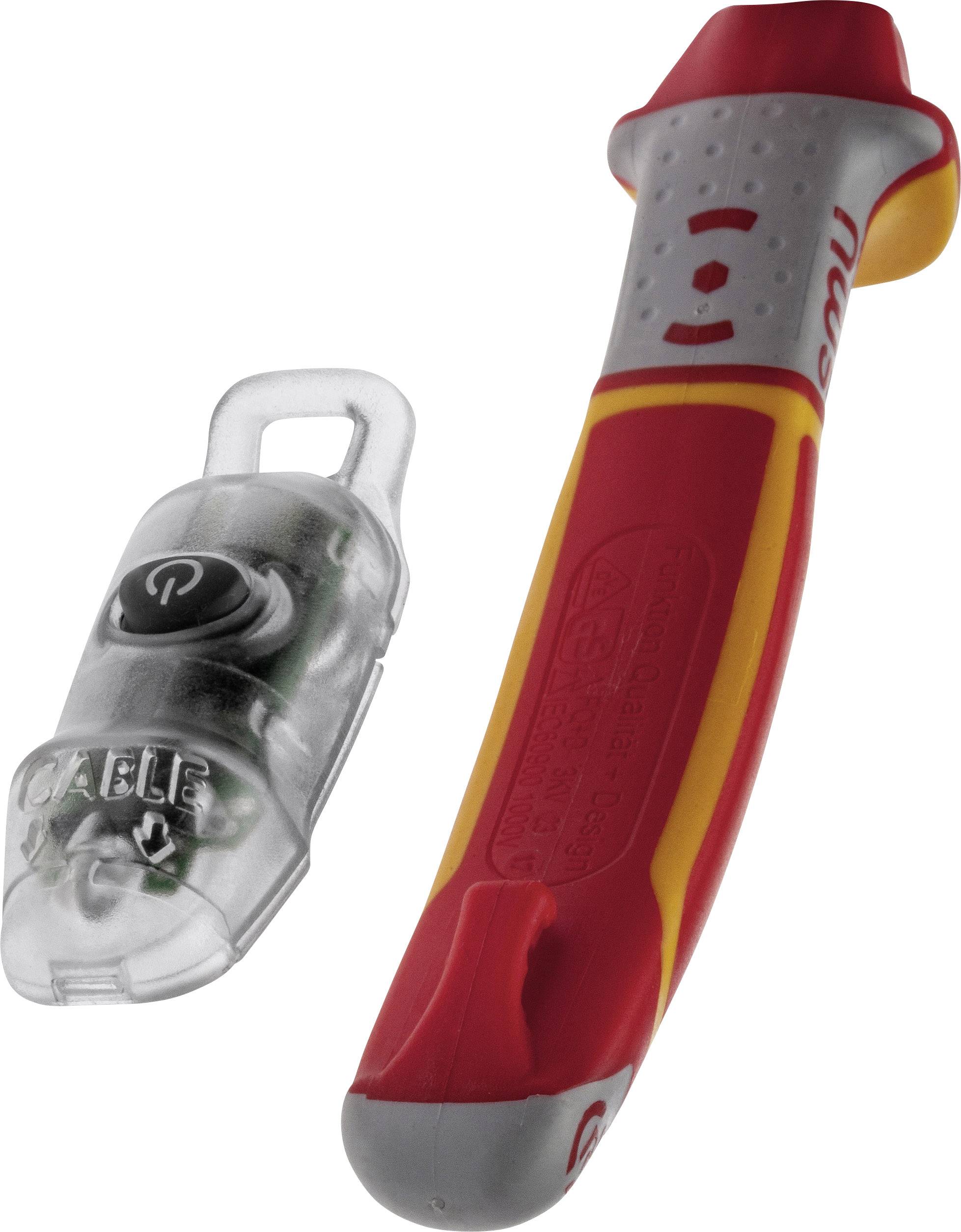 Een rood-geel veiligheidsstriptool met transparante schakelaar, dat wordt gebruikt voor het doorsnijden van kabels.