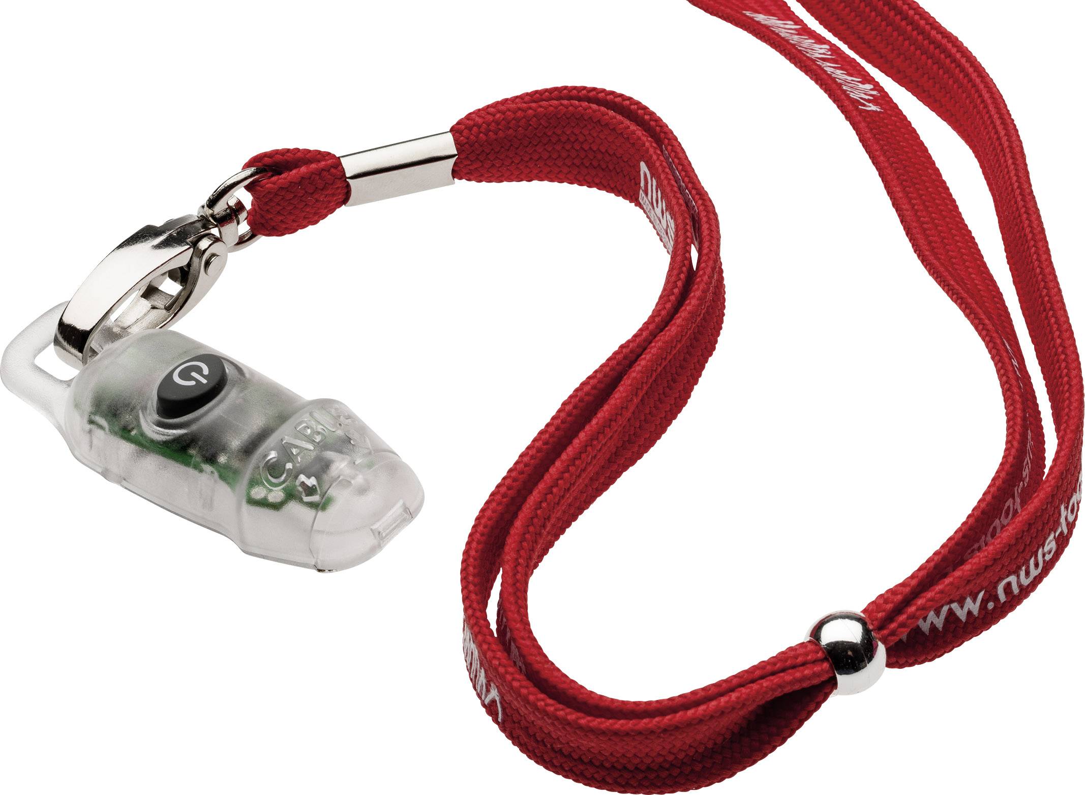 Een rood keycord met een kleine, transparante LED-lamp. De lamp heeft een zwarte aan/uit-knop en wordt aan het keycord bevestigd.