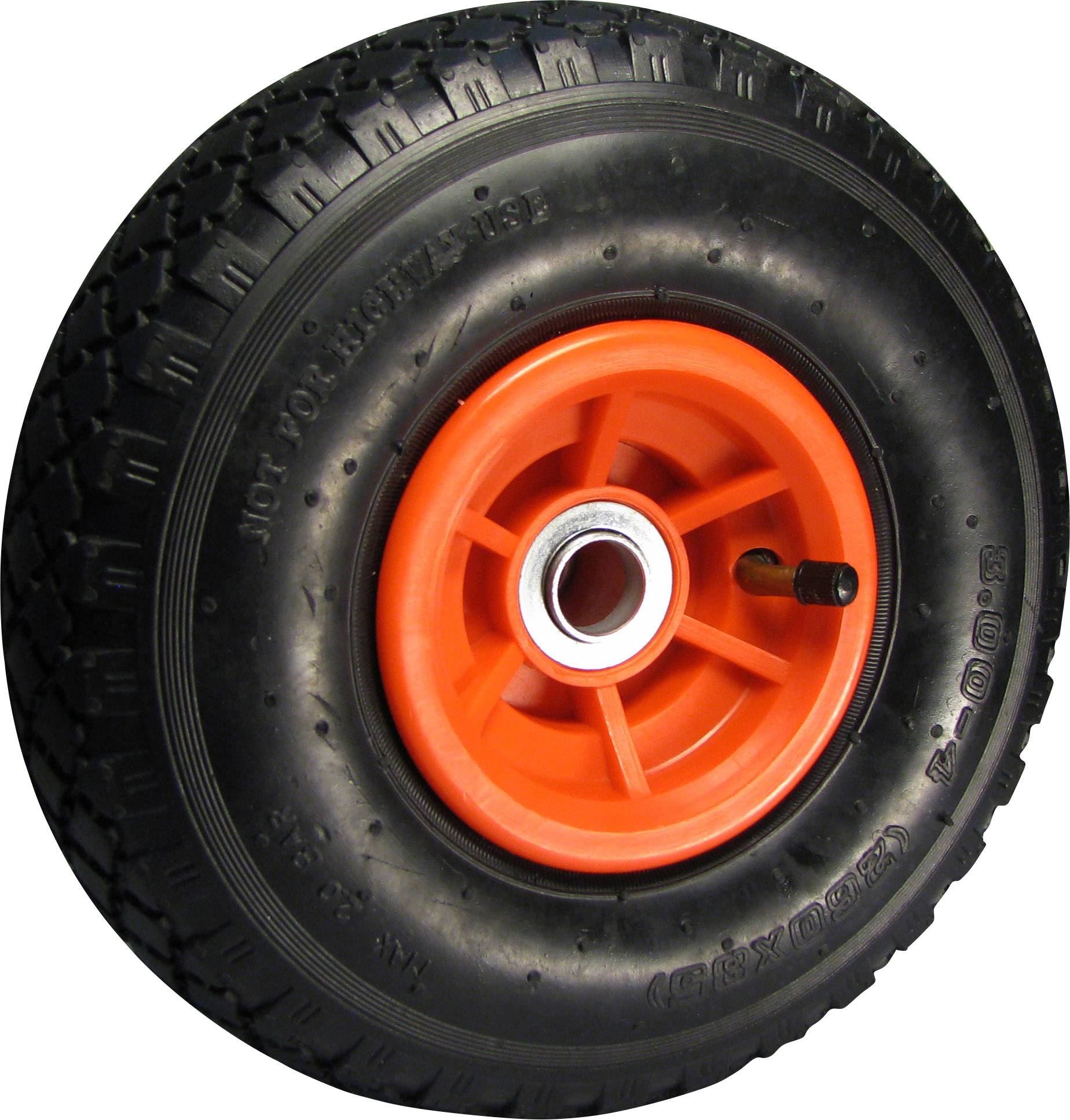 Een zwart, met lucht gevuld wiel met rode kunststof velgen en bandenprofiel. Geschikt voor apparaten of handkarren.