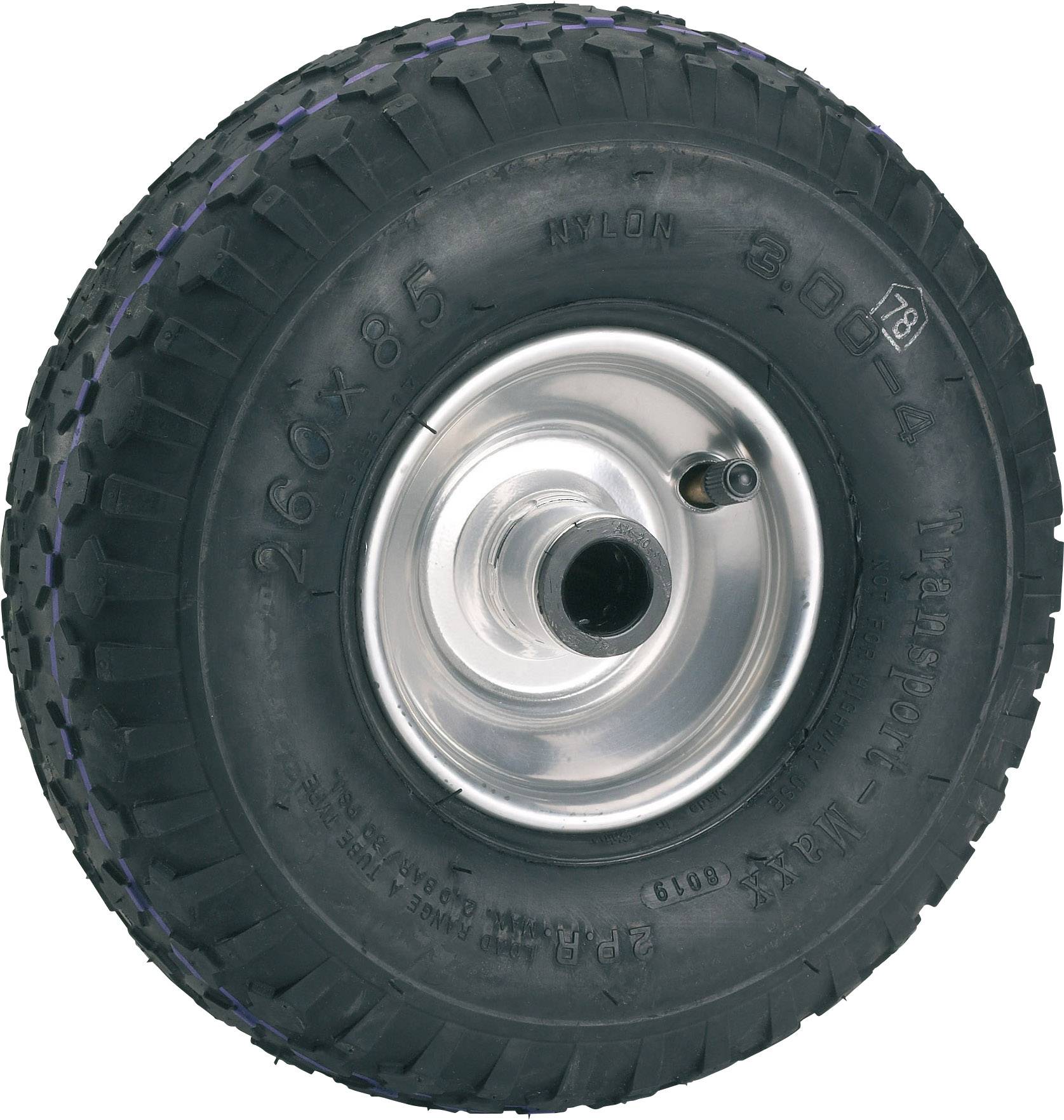 Zwart profielrubber wiel met metalen velg, ventiel en markeringen voor afmeting '260 x 85', 'Nylon', op witte achtergrond.