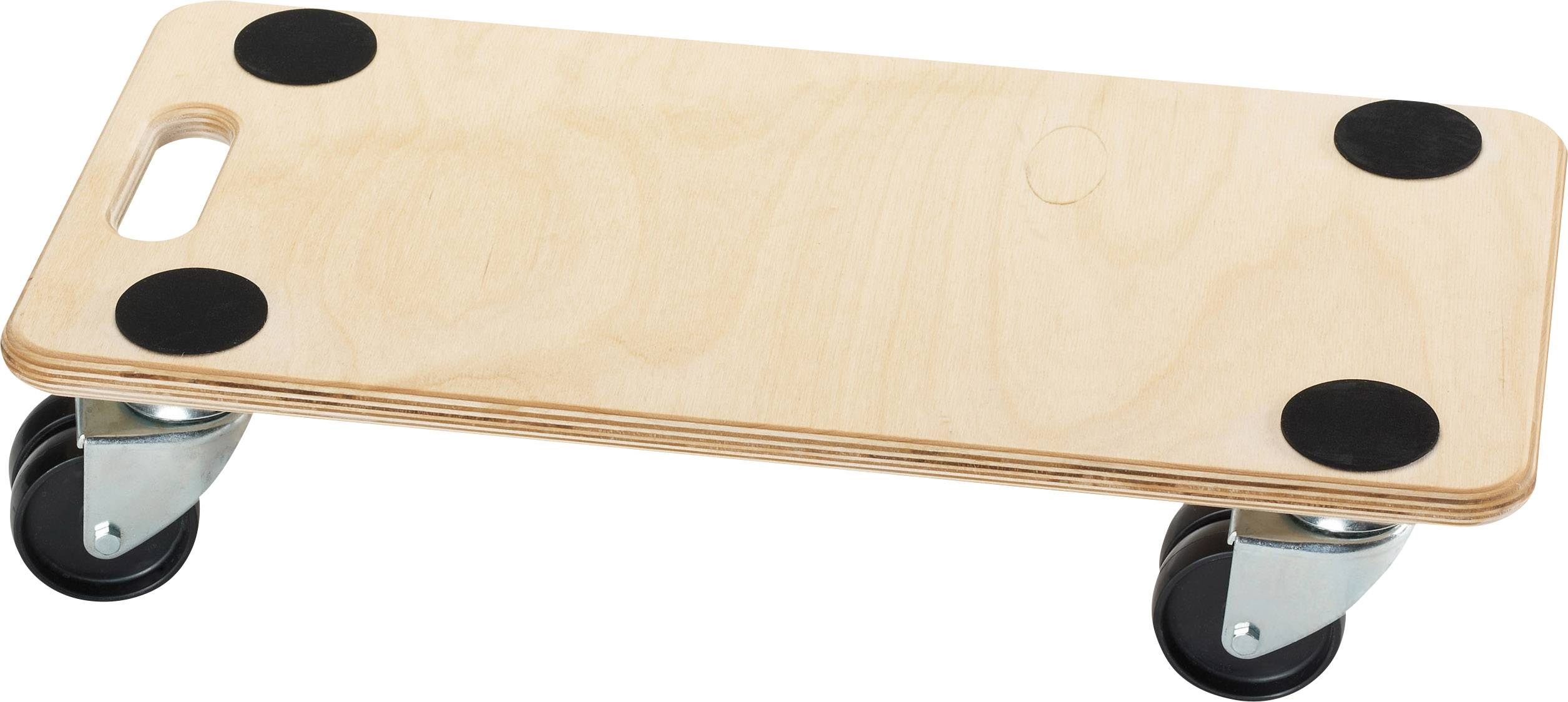 Een rechthoekig houten skateboard met een geïntegreerde handgreep en vier zwarte rubberen pads op elke hoek, waaronder vier wielen.