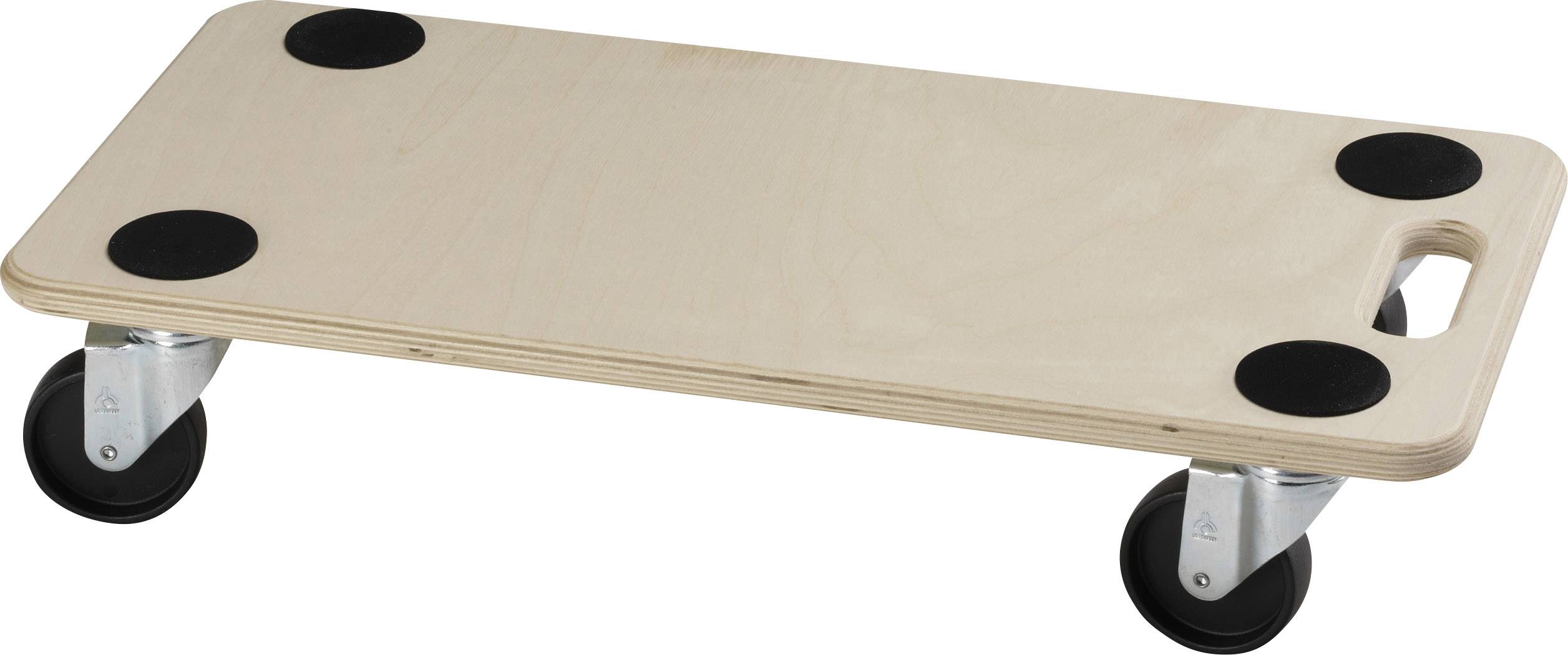 Houten transportroller met vier wielen en een handgreepopening aan één zijde, ideaal voor het vervoeren van voorwerpen.