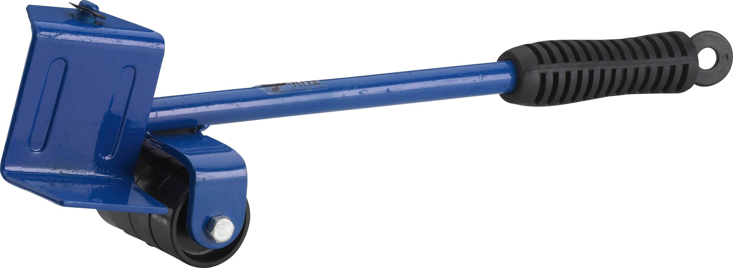 Een blauwe hefboom met een rol aan het uiteinde en een zwarte handgreep. Gereedschap ter ondersteuning bij het optillen of verplaatsen van zware objecten.