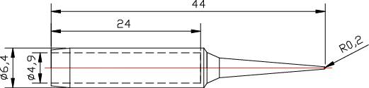 Technische tekening van een conisch onderdeel met afmetingen: totale lengte 44 mm, een sectie 24 mm, met stralen R0,2 en een diameter van 6,4 mm.