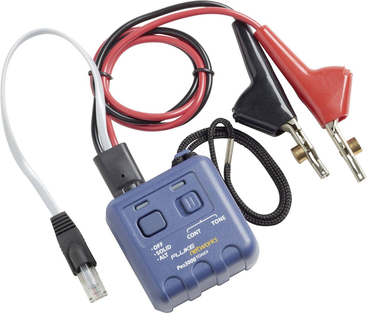 Een hulpmiddel voor netwerktesten met kabels en klemmen, waaronder een blauw apparaat met de aanduidingen 'Off', 'Solid', 'Alt', 'Cont', 'Tone'.