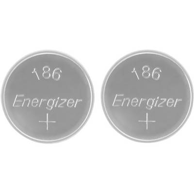 Twee zilveren knoopcesbatterijen met de opdruk '186 Energizer'.