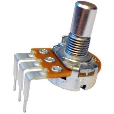 Draaibare potentiometer met drie metalen pinnen en een draaibare as, voor het regelen van elektronische apparaten zoals volume.