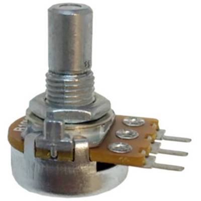 Een elektronische draaibare potentiometer met metalen as en drie aansluitingen, vaak gebruikt in audioapparatuur voor volumeregeling.