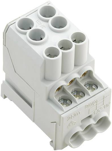 Een meerpolige, witte elektrische stekkerverbinding met schroefklemmen, geschikt voor DIN-railmontage, voor veilige bekabeling.