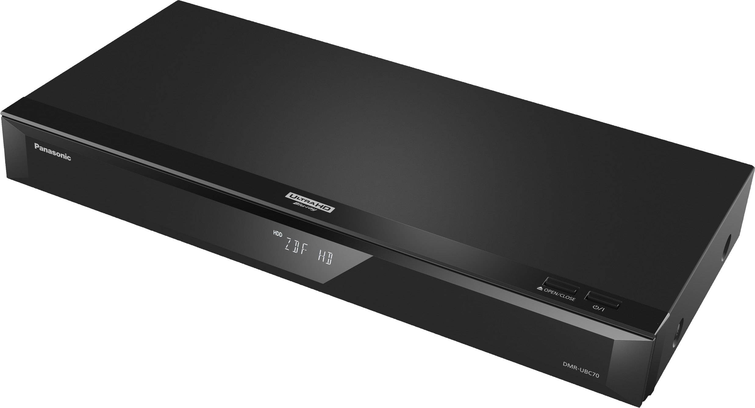 Zwarte Panasonic Blu-ray-speler met digitaal display, toont '2.1ch' en 'HD'. Toetsen voor 'Aan/Uit' en 'Open/Sluiten' rechts.