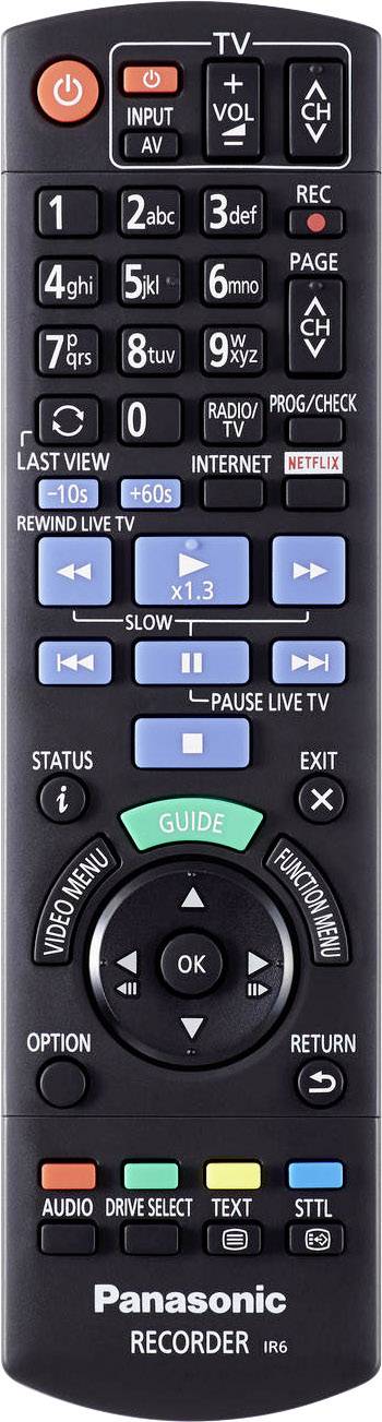 Zwarte Panasonic-afstandsbediening met knoppen voor tv, internet, opname, volume en zenders. Bevat gids- en menufuncties.