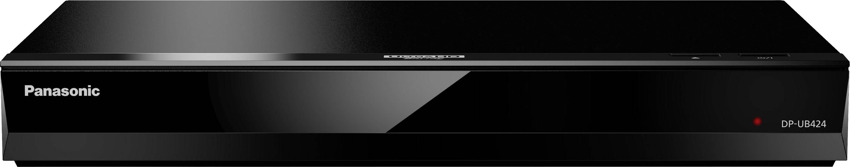 Een zwarte Panasonic Blu-ray-speler met een rood licht aan de voorkant, modelnummer DP-UB424.