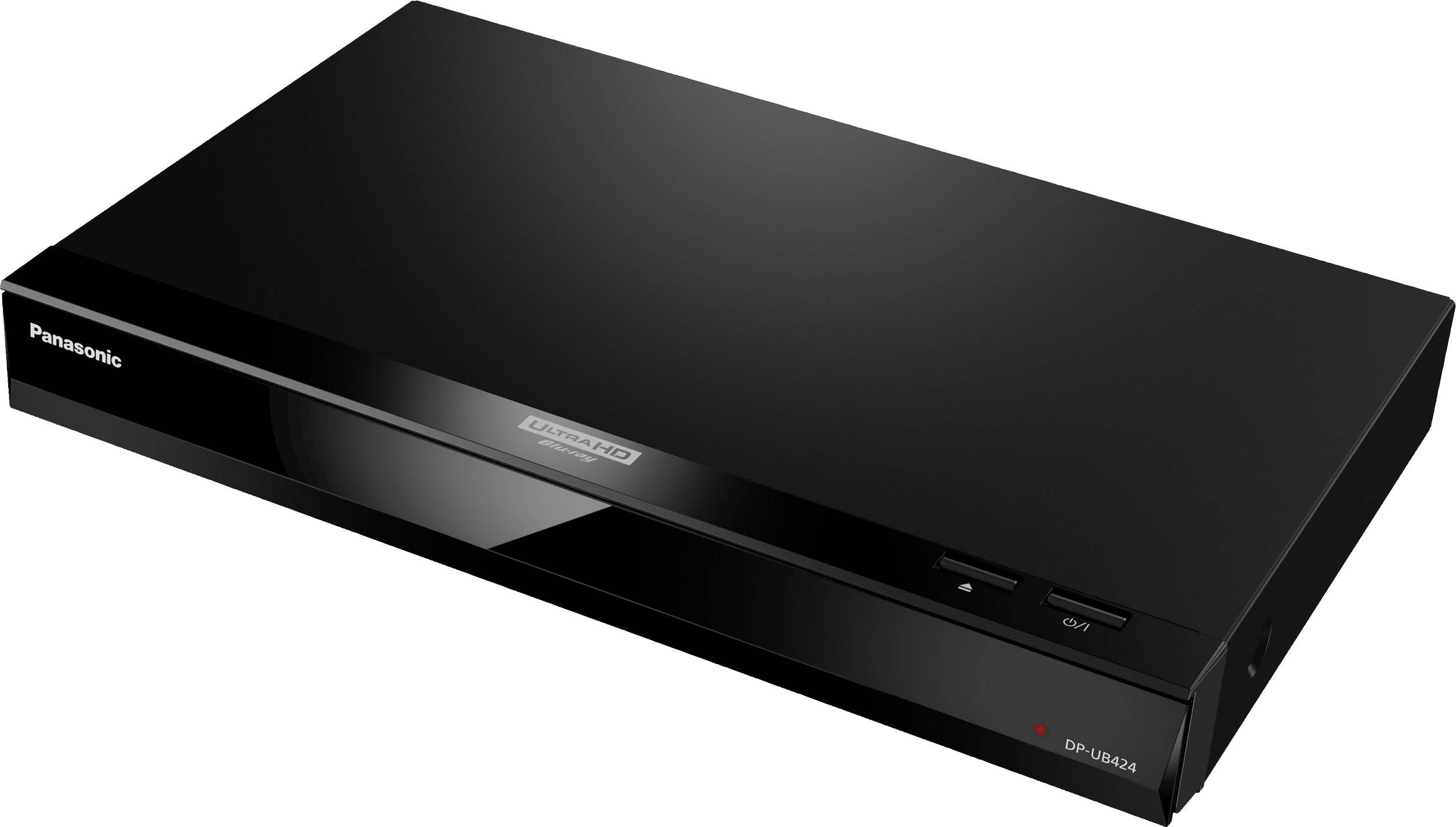 Een zwarte Panasonic Blu-ray-speler met knoppen aan de voorkant.