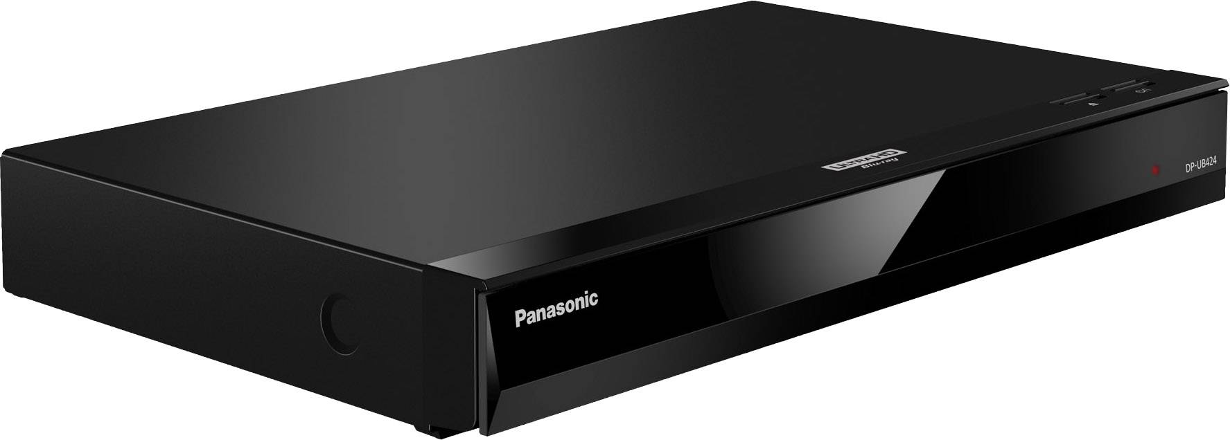 Zwarte Panasonic Blu-ray-speler met glanzende vooraanzicht, plat design.